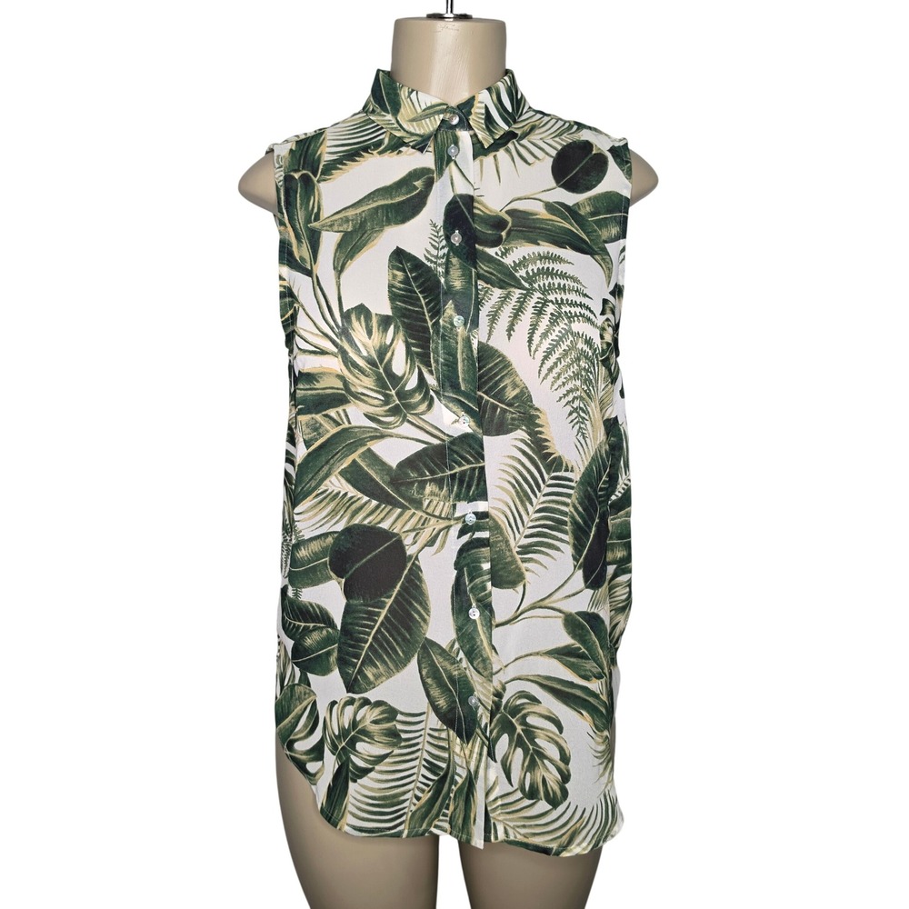 H&M Sheer Top Women 6 Green Tropical Palm Leaf Sleeveless Button Up Blouse Vacay